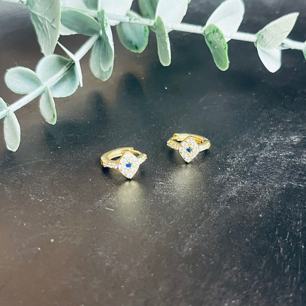 Evil Eye Huggie Hoop Earrings | Gold Toned Pave Charm | Protection Jewelry